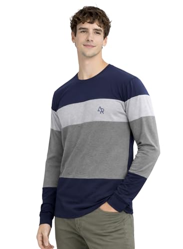 Image of ADRO Men's Full Sleeve T-Shirt Navy Grey Colorblock | Cotton Round Neck Casual Tshirt | Regular Fit Stylish T Shirt