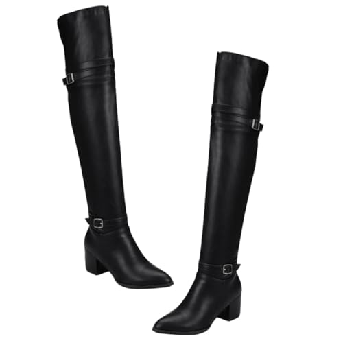 POPETPOP Botas Altas de Mujer para Otoño E Invierno, Bota de Tacón Grueso Cómoda y Cálida, Hechas de Pu y Goma, Diseño Largo por Encima Rodilla