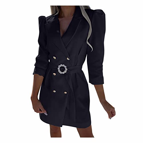 Blazer Dress for Women Formal Business Dresses Puff Sleeve Fall Winter Casual Button Short Mini Wrap Dress Belted