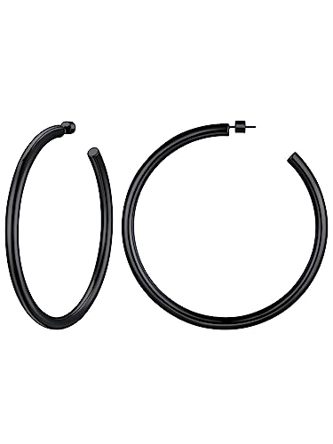 ChainsHouseCreole Femme Noir Boucle doreille 40mm Acier Inoxydable Boucles doreilles Tube Grande Epaisse Demi Créoles