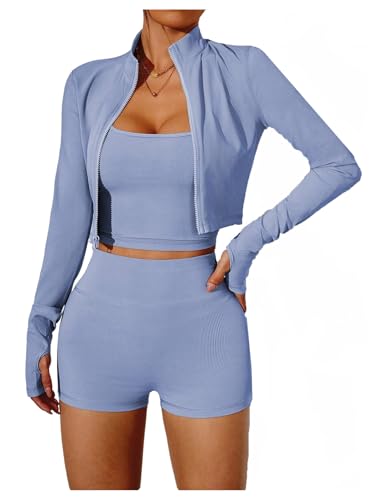 SweatyRocks Women's 3 Piece Workout Sets Tummy Control Biker Yoga Shorts Leggings Camisole with Jacket Tracksuit