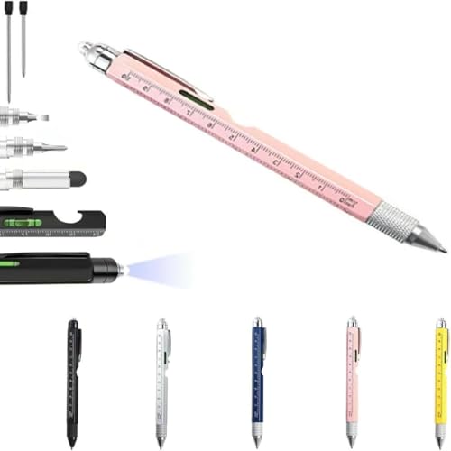 9 in 1 Multitool Pen with LED Light,Stainless Steel Survival Pen with Screwdriver Stylus Ruler Bottle Opener,EDC Multi Utility Tool Pen,Cool Gadgets Gift Birthday Unique Gift for Men (Pink)