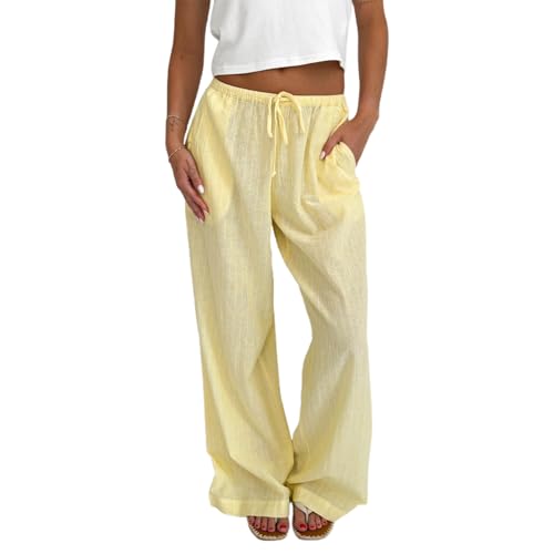 SOLILOQUY Women Spring Summer Wide Leg Pink Pants Micro-Sheer Drawstring Elastic Waist Trousers Lounge Pants