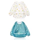 [Little Dimsum] 長袖エプロン お食事ベビーエプロン 食事用 防水 立体ポケット 軽量 速乾 子供用 ポケット付き 保育園用 幼稚園用6-36ヶ月(2枚セット) (長袖 トンボとアリ)