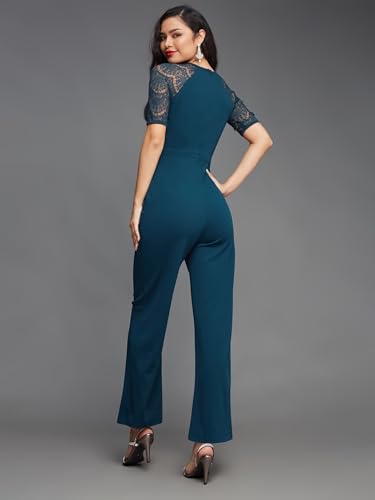 Image of Miss Chase Women's Halter Neck Sleeveless Solid Wide Leg Sequin Paneled Regular Length Jumpsuit
