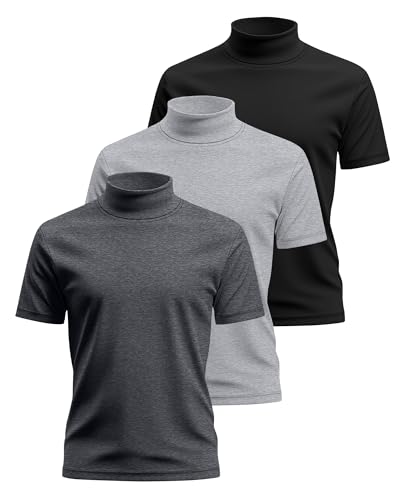 3 Pack Men's Turtleneck T Shirts, Cotton Short Sleeve Mock Neck Undershirt Summer Casual Basic Pullover Tops2