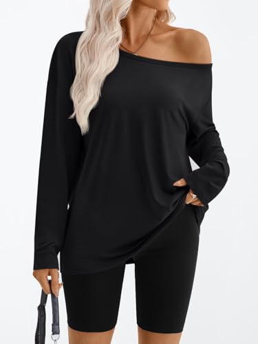 Trendy Queen Womens Off The Shoulder Tops Oversized Tshirts Long Sleeve 2025 Casual Basic Tees2