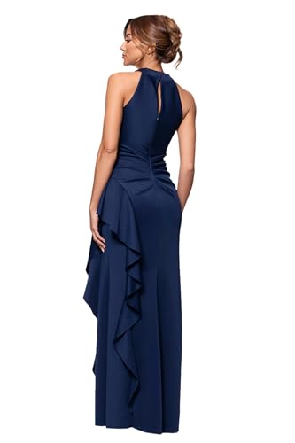 Image of Xscape Evenings Women's Long, Bodycon Low-Sheen Cross Front Halter Neck Evening Dress with Ruching & Ruffle Detail