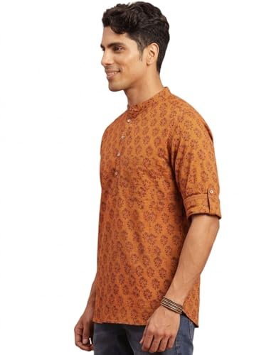 Image of DEELMO Men's Cotton Blend Printed Long Sleeve Short Kurta | Stylish Casual & Ethnic Wear | Comfortable Mandarin Collar Kurta for Daily, Festive & Party Outfits