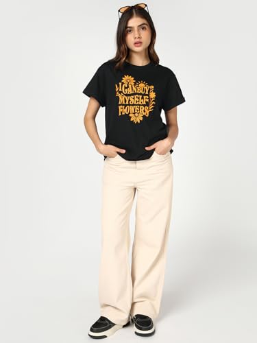 Image of Bewakoof Women's Typography Boyfriend Fit Half Sleeve Round Neck Cotton T-Shirt 646748 Black 3XL