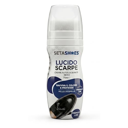 Setashoes Lucido Liquido per Scarpe Nero 75ml - Crema Autolucidante con Spugna Applicatrice Integrata, Ravviva il Colore e Protegge Calzature in Pelle ed Ecopelle, Premium Line