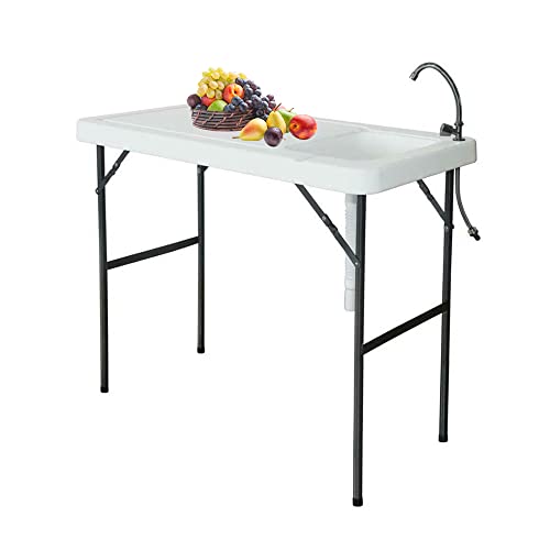Huhelm Fish Cleaning Table, Portable Camping Table with Sink Folding Camping Sink with Faucet Outdoor Fillet Table for Garden Patio Backyard BBQ (A)