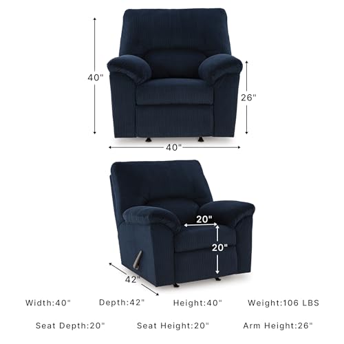 Image of Signature Design by Ashley Rocker Recliner Chair, Navy Blue, SimpleJoy | 100% polyester chenille, Rocking chair nursery, Manual reclining mechanism, 12 in wall clearance, Plush pillow-top armrests