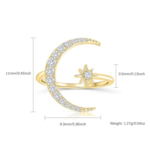 SUYACS 925 Sterling Silver Star and Moon Rings for Women 14K Gold Plated Adjustable Open Moon CZ Statement Ring Crescent Finger Ring Jewelry Birthday Engagement Gifts to Daughter4
