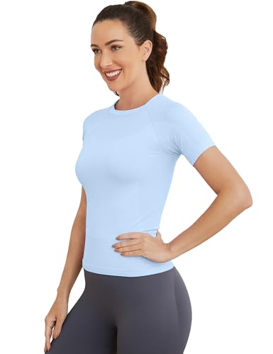 Image of MathCat Short Sleeve Workout Tops for Women, Seamless Women's Compression Shirt, Yoga Running Athletic Shirts Soft Gym Tops