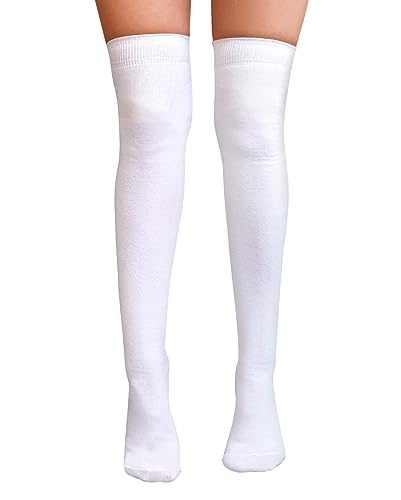 NuJake Over The Knee Thigh High Socks Girls Plain Cotton Lycra Cosplay School Sox (White)