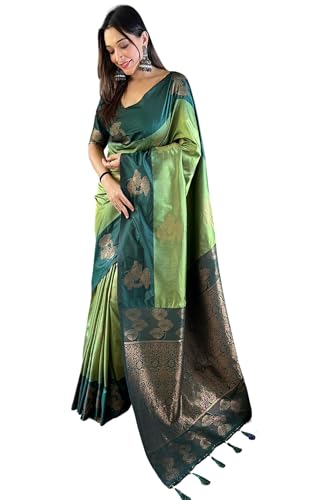 SGF11 Women's Kanjivaram Pure Soft Silk Saree With Unstitched Blouse Piece (Kelly Green)