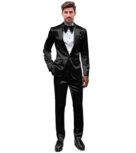 Mens 2 Piece Satin Suit One Button Slim Fit Formal Wedding Prom Party Tuxedo Suits Blazer Pants Set