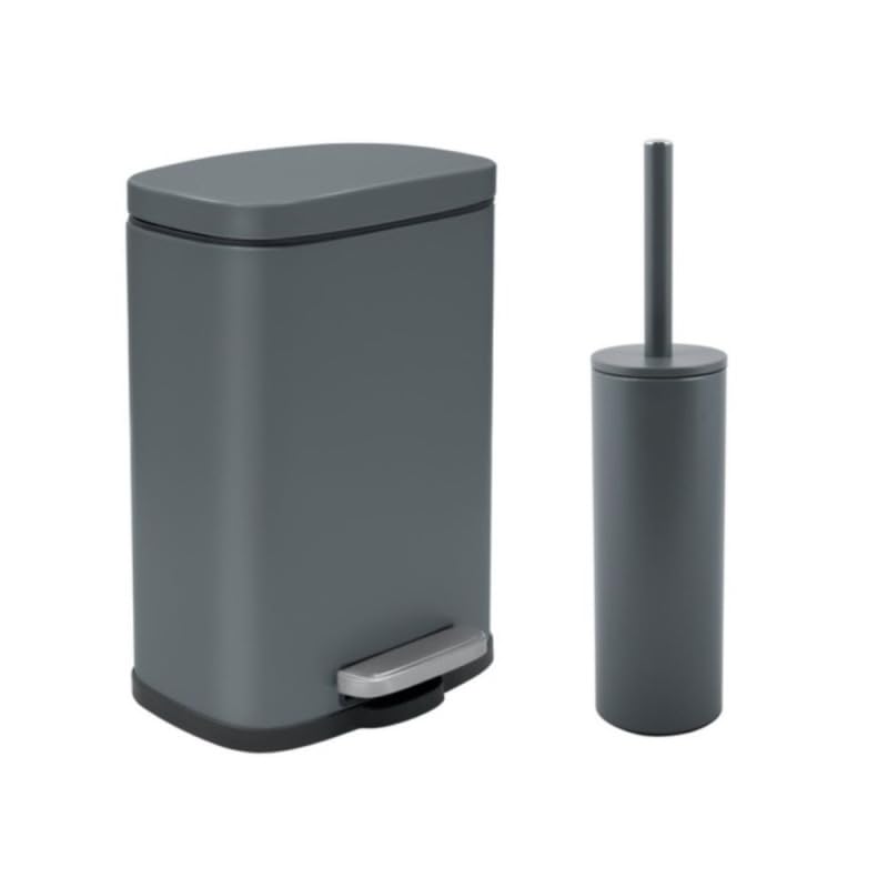 Spirella - Set Poubelle à Pédale + Brosse WC en Acier Akira - Fermeture Douce Easy-Close, Anti Trace de Doigts - 21,4 x 17,6 x 30 cm - 5L - Gris Foncé