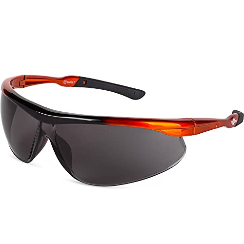 ToolFreak Safety Glasses - Tinted With Pouch - UV & Impact Protection ANSI z87.1 Rated, Wraparound Lens, Non-Slip Grips & Neck Cord - Tinted Safety Glasses For Men & Woman
