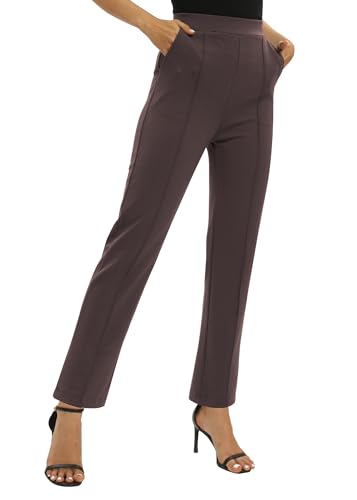 EXCHIC Damen Business Büro Gerades Bein Arbeits Hosen Freizeit Elastische Taille Hosen mit Taschen(S, Braun)