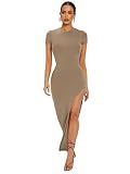 COZYEASE Damen Solid Kurzarm Schlitz Split Oberschenkel Bodycon Maxi Lang Kleid, mokkabraun, Mittel