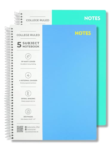 Image of DOODLE Focus Flow 5 Subject Spiral Notebook Set of 2 | Teal + Light Blue | 200 Sheets Each, College Ruled Paper | Notebooks with Dividers & Water Resistant Covers for School & Study Notes