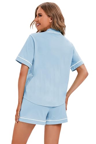 Image of LUBOT 100% Cotton Pajamas for Women 2 Piece PJ Set Button-Down Soft Knit Short Sleeve Summer Sleepwear Loungewear XS-XXL
