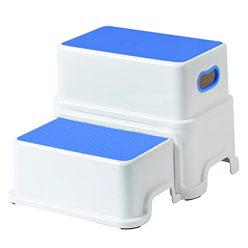 Image of Victostar 2 Step Stool for Kids, Anti-Slip Sturdy Toddler Two Step Stool for Toilet Potty Training, Bathroom,Kitchen (Blue)