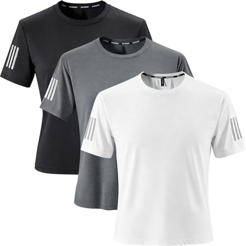 Image of 3 Pack Men’s Ice Silk Quick Dry T Shirt – Gym T Shirts Men Moisture Wicking Short Sleeve Running Tops with Breathable Mesh & Reflective Strips (UK, Alpha, XL, Regular, Regular, 3, Black;White;Grey)