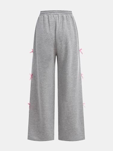 OYOANGLE Girl's Elastic Drawstring Waist Bow Sweatpants Y2K Wide Leg Long Trousers2