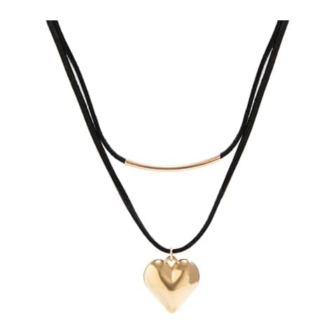 Ingemark 2-layer Velet Heart Choker Necklace for Women Y2K Big Gold Puffy Heart Pendant Black Choker (Gold 1) Cover
