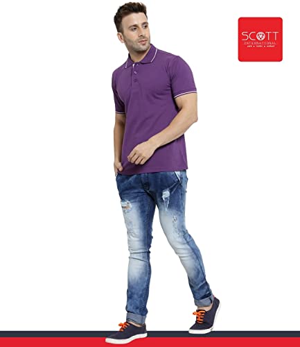 Image of Scott International Men's Regular Fit Organic Cotton Polo T-Shirt (Purple with White, 2XL)
