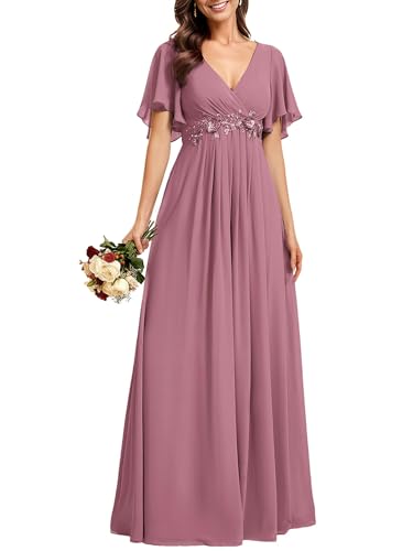 Image of Ever-Pretty Women's Spring Short Sleeve Bridesmaid Dresses V-Neck Chiffon Ruched Empire Waist Appliques Long Formal Dress