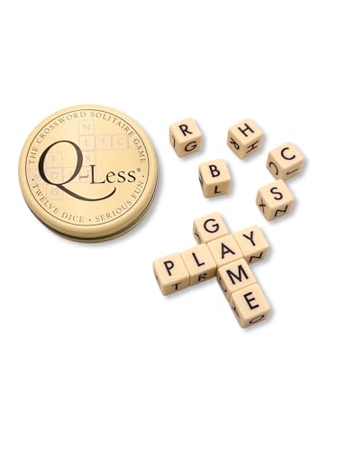 Q-Less The Original Crossword Solitaire Game - Genuine - Word Game Puzzle 12 Lettered Dice in a Sleek Tin Portable Educational Wordplay Fun Travel