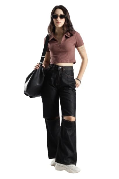 Women’s Ribbed Polo Neck Fitted Crop Top, T-Shirt – Half Sleeve Zipper Style – Trendy Teen Fashion