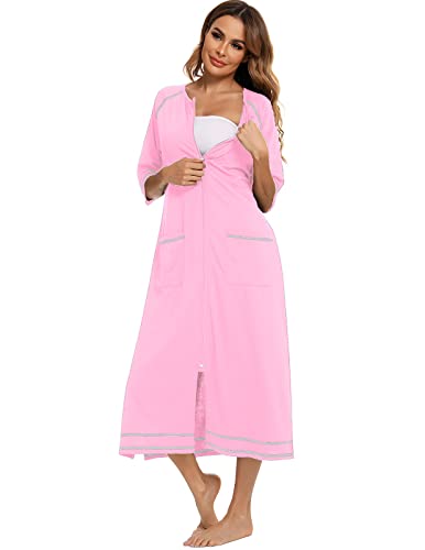 Image of Veseacky Women Robe Zipper Front House Coat 3 /4 Sleeve Nightgown Full Length Ladies Lounge Dress with Pockets S-XXL