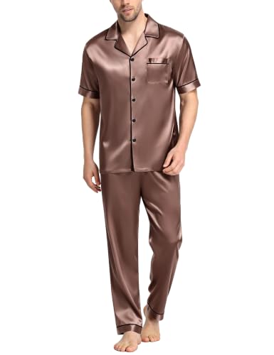 Image of SWOMOG Mens Satin Pajama Set Short Sleeve Classic Sleepwear Button Down Silky Loungewear with Long Pants