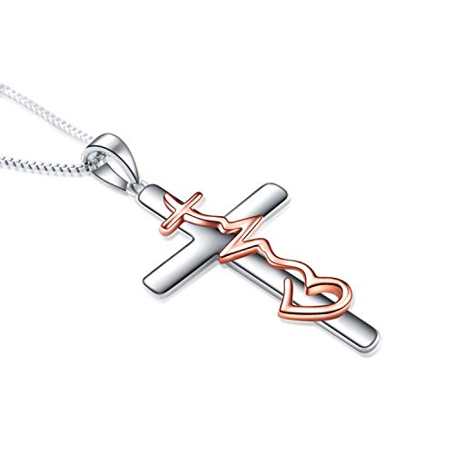 WINNICACA Cross Necklace Nurse Gifts for Women Sterling Silver Rose Gold Heartbeat Lifeline Jewelry for Birthday Valentines Day Gifts for Her Women Girls Teens