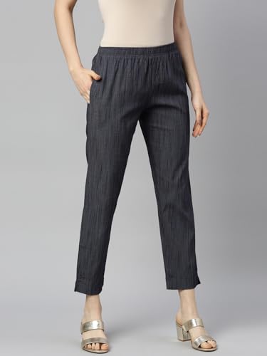 Image of MINELLI Women Solid Cigar Pants, Cotton Lycra Slub Fabric, Elasticated Waistband, Pull On Style, Regular Fit Bottom Wear for Western and Ethnic Wear