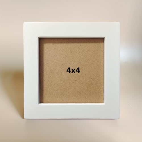 Image of 4x4 Picture Frame Solid Wood,White. Table Top or Wall Mount Photo Frames with Plastic Glass for 4x4 Inches Pictures, Modern Home Office Decor