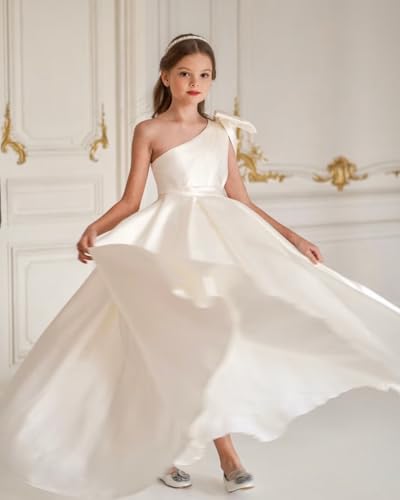 Flower Girl Dresses for Wedding One Shoulder Satin Princess First Communion Dresses Bow-Knot2