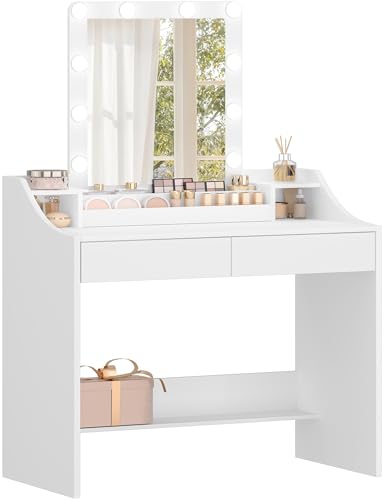Hzuaneri Schminktisch mit LED-Beleuchtung, 90cm, Einstellbare Helligkeit, Schminktisch mit Spiegel, mit 2 Schubladen und 3 Offenen Fächern, Modern, Weiß DT40703X