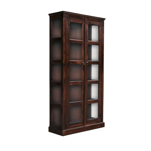 Image of Book Shelf Wooden with Door, Bookshelf with Glass Door for Home Library, Solid Wood Bookcase Wooden Crockery Cabinet for Kitchen - Walnut Finish