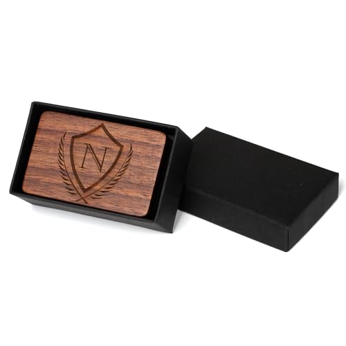 Image of Mens Initial Cufflinks and Tie Clip A-Z Alphabet Letter Black Stainless Cuff Links Tie Bar with Engraved Walnut Wood Box Groom Groomsman Wedding Set