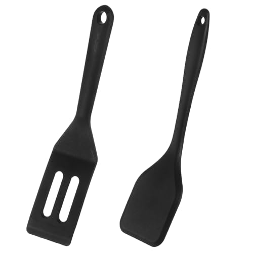 2 Pack Small Silicone Spatula, Heat Resistant Slotted Mini Spatulas, Mini Non-Stick Spatulas Kitchen Spatula Turner Utensils for Cooking Baking & Flipping (Black)
