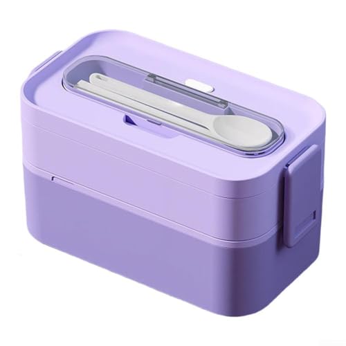 Lonchera apilable de 2 capas a prueba de fugas para adultos con utensilios, apta para microondas y lavavajillas, para el trabajo, escuela, viajes, picnic (morado)