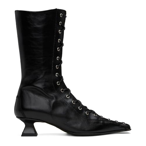 UniqueStride Womens Lace up Mid Calf Boots Pointed Square Toe Kitten Heel Vintage Witch Granny Booties Cosplay Costume Shoes2