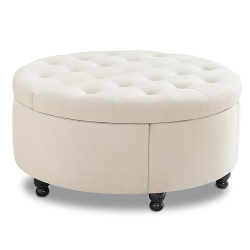 Redlifeᅟᅠ 00080+81 Redlife 35 Inch Wide Round Ottoman With Storage, Storage Ottoman Coffee Table, Tufted Round Ottoman Coffee Table Linen Fabric Round Coffee Table Ottoman thumb #8