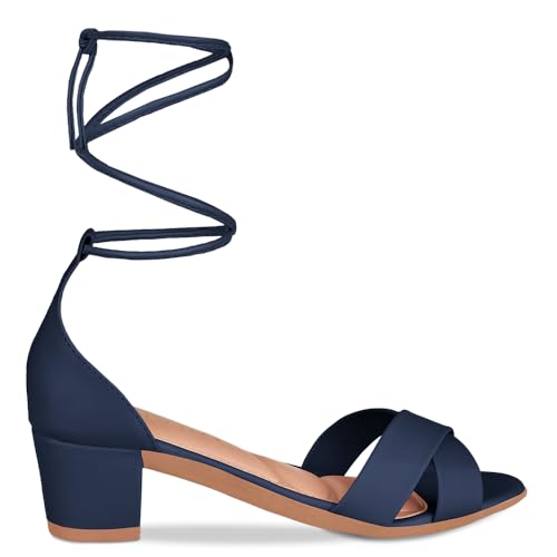 Sandália Feminina Salto Bloco Baixo Médio Tiras Cruzada Amarração Moda Confortável Cores (Azul Marin